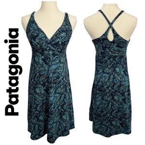 Patagonia Paisley Floral Dress Sz S Navy Teal V-Neck Halter Stretch Sundress EUC